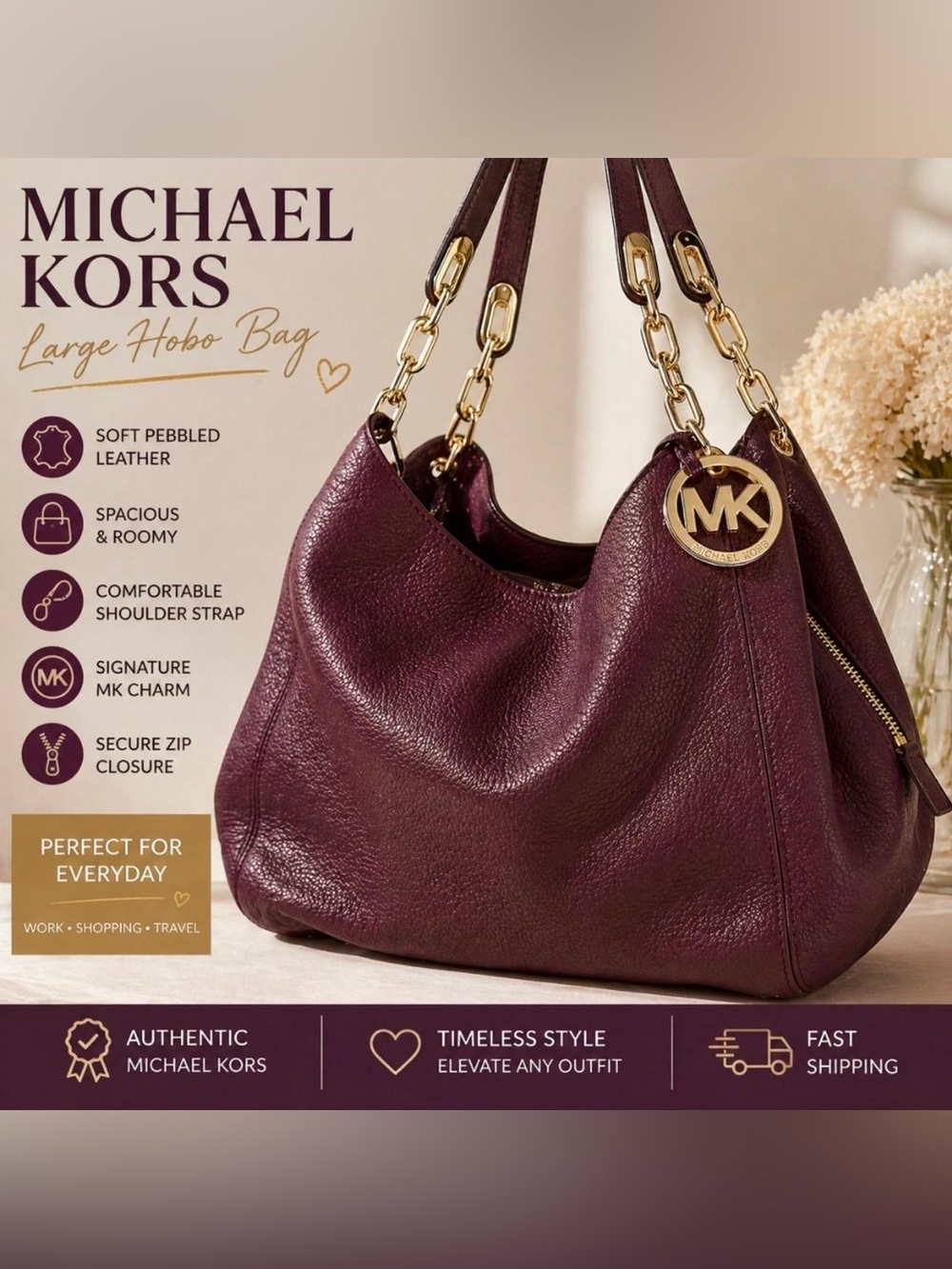 Michael Kors Plum Pebbled Leather Hobo with Gold-Tone Chain